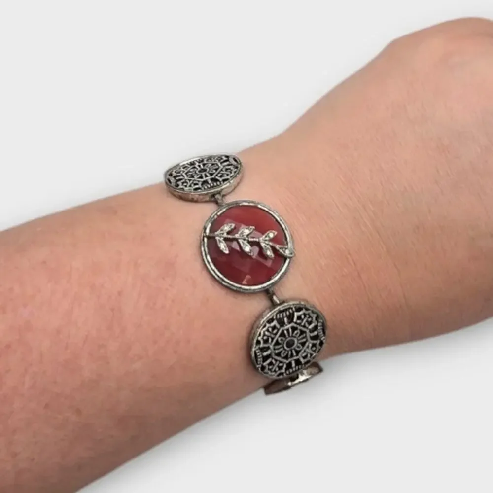 Lucky Brand Red Stone Medallion Bracelet – Rustic Boho Silver Tone